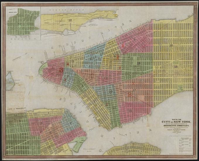 Digital photograph is a copy of a fold out map of Lower Manhattan, Brooklyn, the Village of Williamsburg, and Jersey City. Each distinct neighborhood is highlighted in red, blue, yellow, orange, or green.